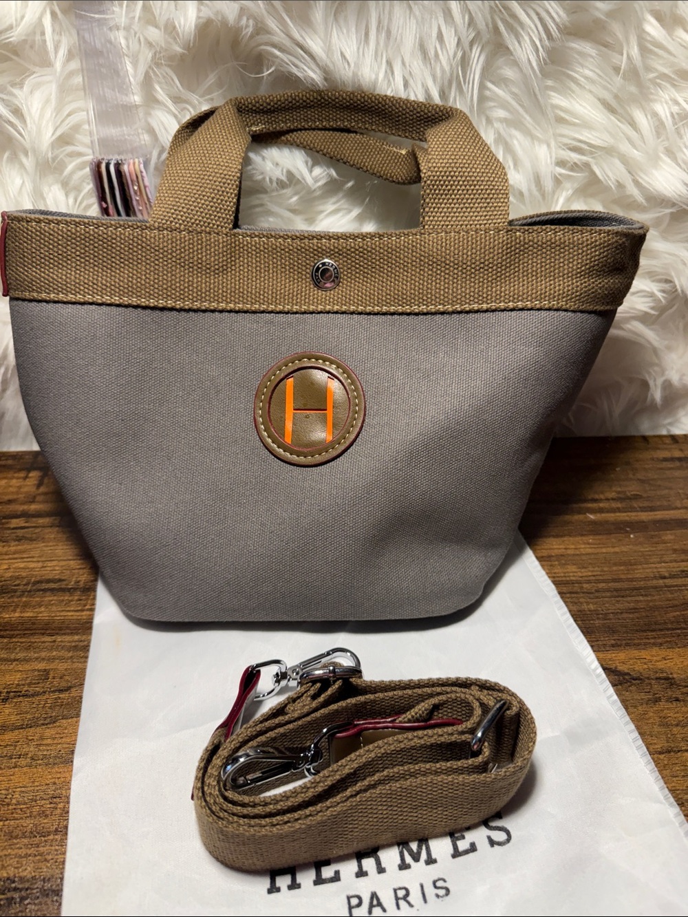 Canvas Crossbody Tote in Gray and Tan with Round Logo Accent